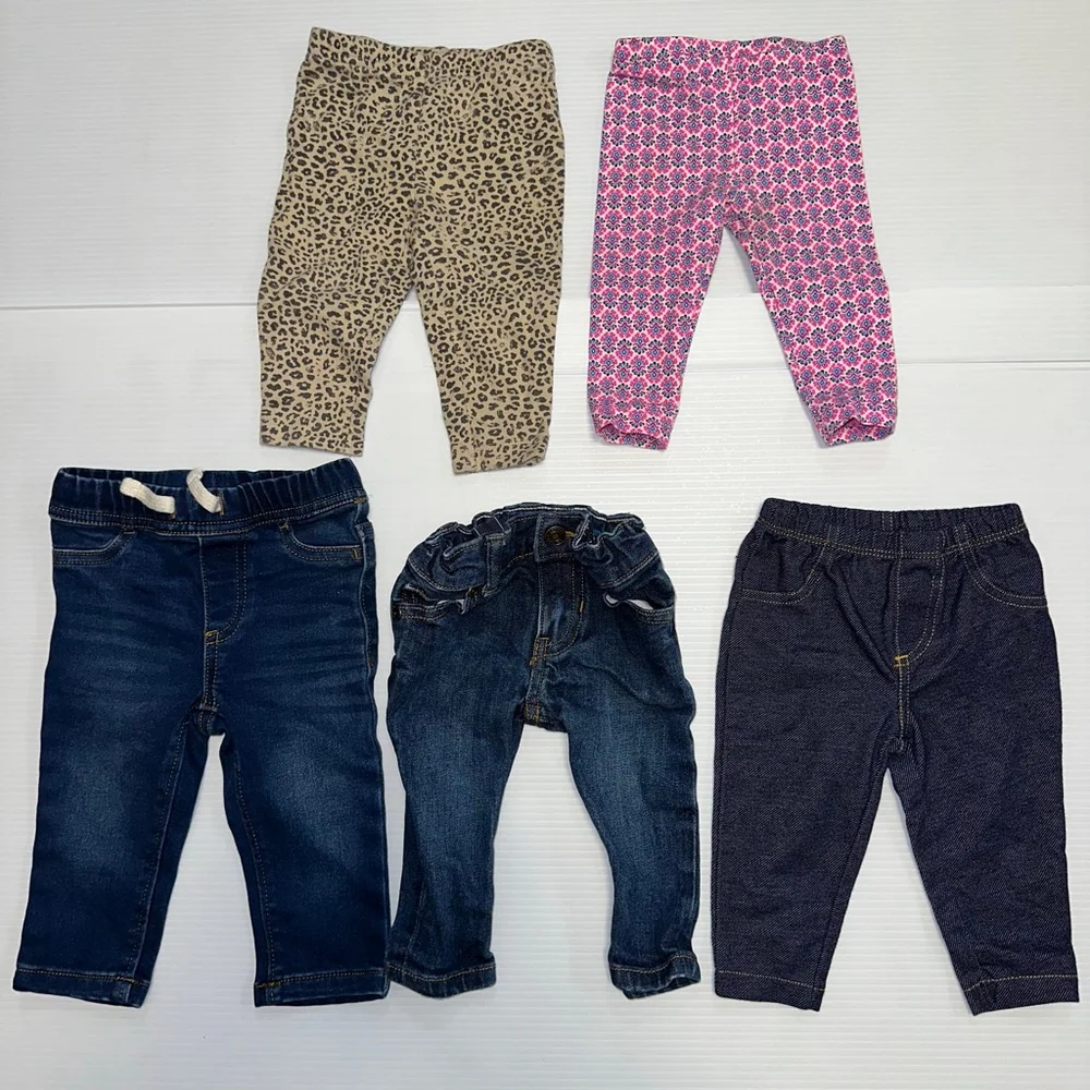Lot of 5  Baby Girl Bottoms Bundle Casual Pants 6 Months Blue Beige Pink Jeans
